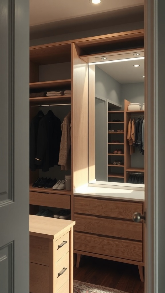 25+ Stylish Closet Ideas Featuring Dressers Inside 10 A closet with a dresser and a mirror, showcasing organized shelves and clothing.