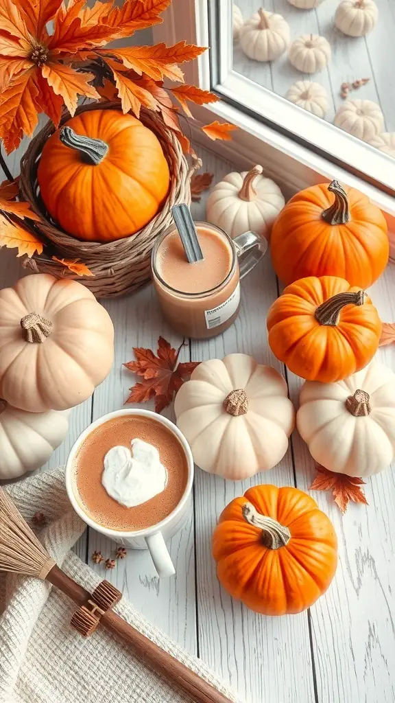 21+ Cozy Fall Mood Board Ideas for the Ultimate Autumn Vibe 11 A cozy fall scene featuring orange and white pumpkins, a pumpkin spice latte, and autumn leaves.