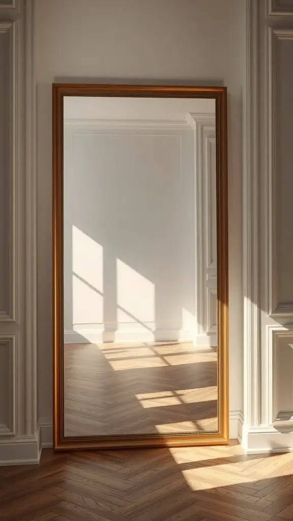 29+ Small Room Organization Ideas You Need to Try 7 A large wooden-framed mirror reflecting light in a small, bright room.