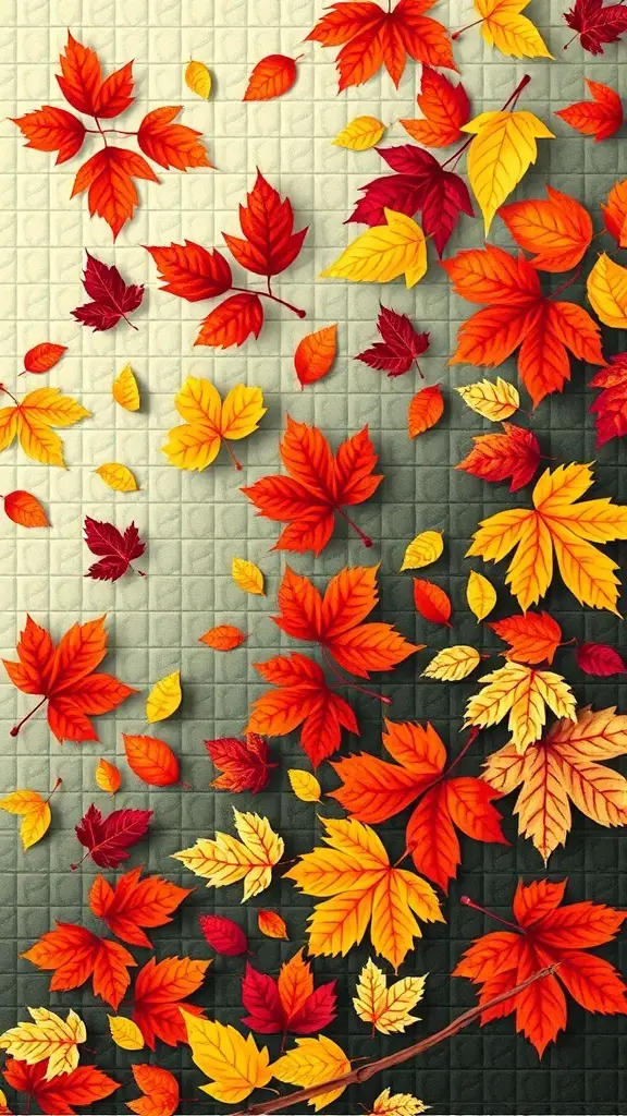 A quilt design featuring colorful autumn leaves in shades of red, orange, and yellow on a textured background.