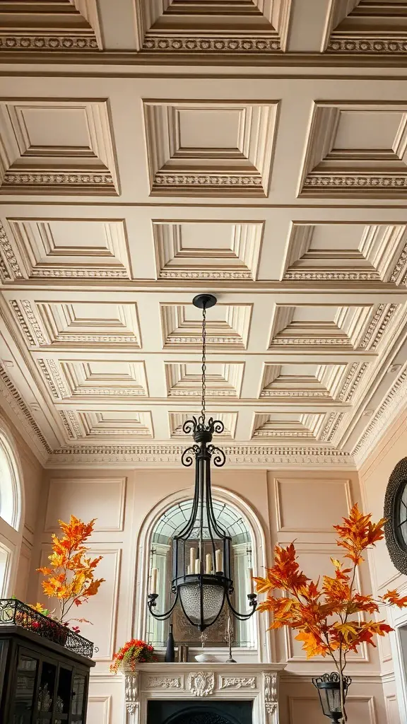 27+ Stunning Fall Ceiling Designs to Inspire Your Home Decor 7 A coffered ceiling with intricate molding and a chandelier, complemented by autumn leaves in a stylish interior.