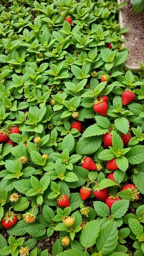 A lush ground cover of strawberry plants with ripe strawberries visible among the green leaves.