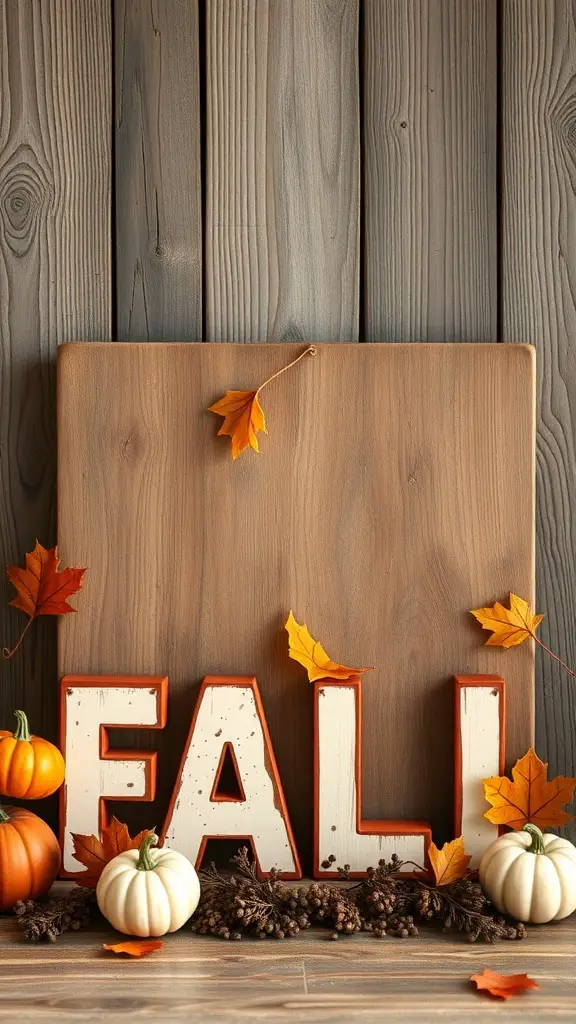 Rustic fall decor featuring the word 'FALL' with pumpkins and leaves