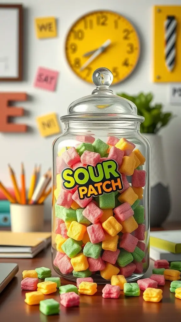 21+ Creative Office Candy Jar Ideas to Sweeten Your Workspace 7 A glass jar filled with colorful Sour Patch Kids candy on a desk with office supplies.