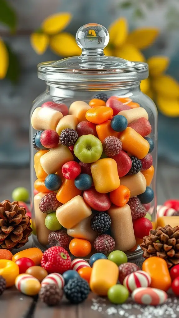 A glass jar filled with colorful candies and seasonal decorations