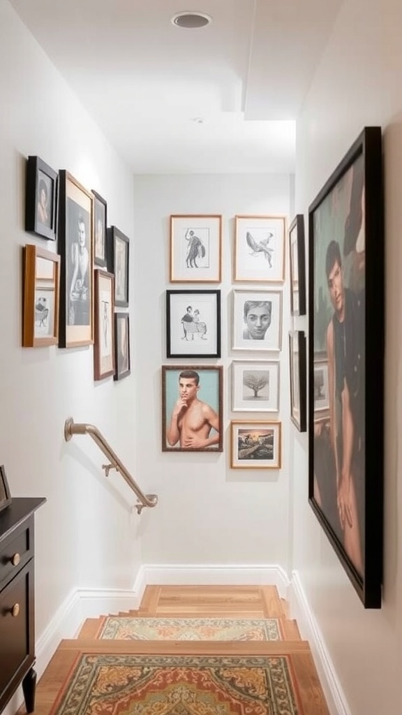 29+ Creative Basement Stairwell Ideas to Transform Your Space 11 A basement stairwell with various framed artworks displayed on the walls.