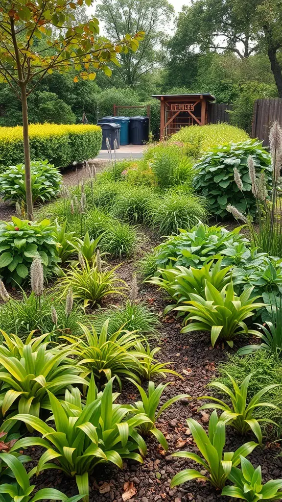 A sustainable garden featuring various plants, mulch, and a compost area in the background.