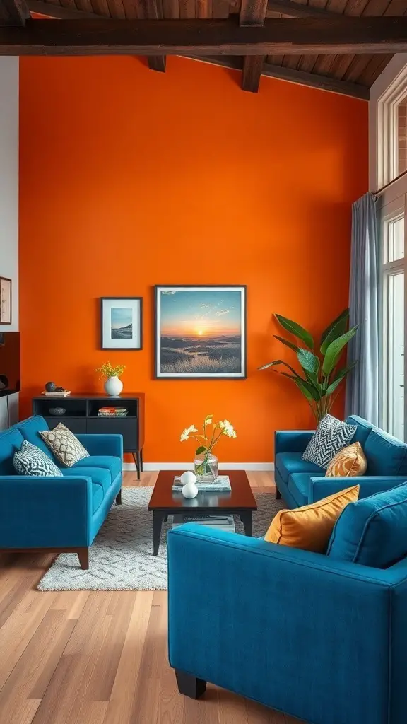 A living room with an orange accent wall and blue sofas, featuring wooden beams and decorative elements.