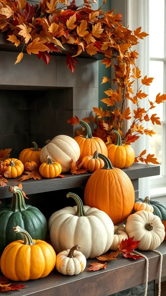 27+ Spook-tacular Halloween Mantel Decor Ideas with 15 Must-Have Items 9 A beautifully arranged mantel with various pumpkins and autumn leaves, showcasing classic Halloween decor.