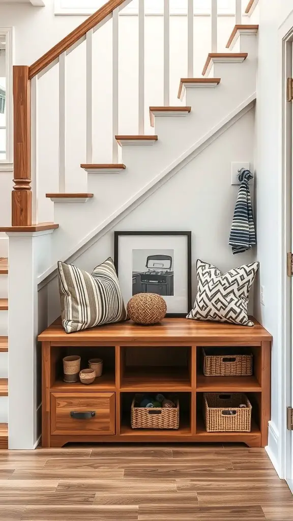 25+ Creative Under Stairs Storage Ideas for Every Home 20 A stylish entryway bench with storage under the stairs, featuring pillows, baskets, and a framed picture.
