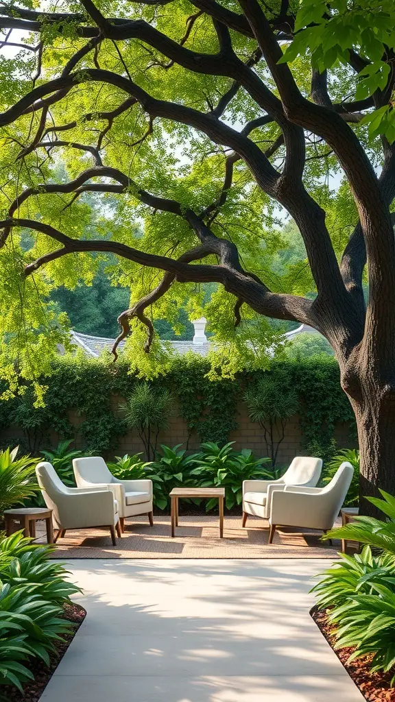 Cozy seating area under a tree with two chairs and a small table surrounded by greenery.