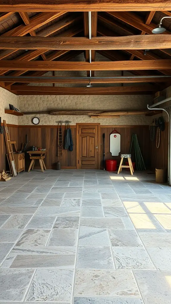 A spacious garage with rustic stone epoxy flooring and wooden accents.
