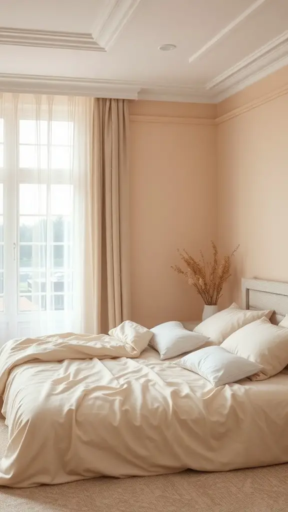 A cozy bedroom featuring soft brown pastel colors with a light beige bedspread and curtains.