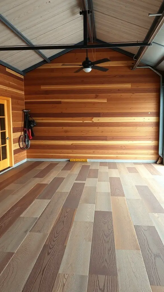 A garage with rustic wood finish walls and wooden flooring.
