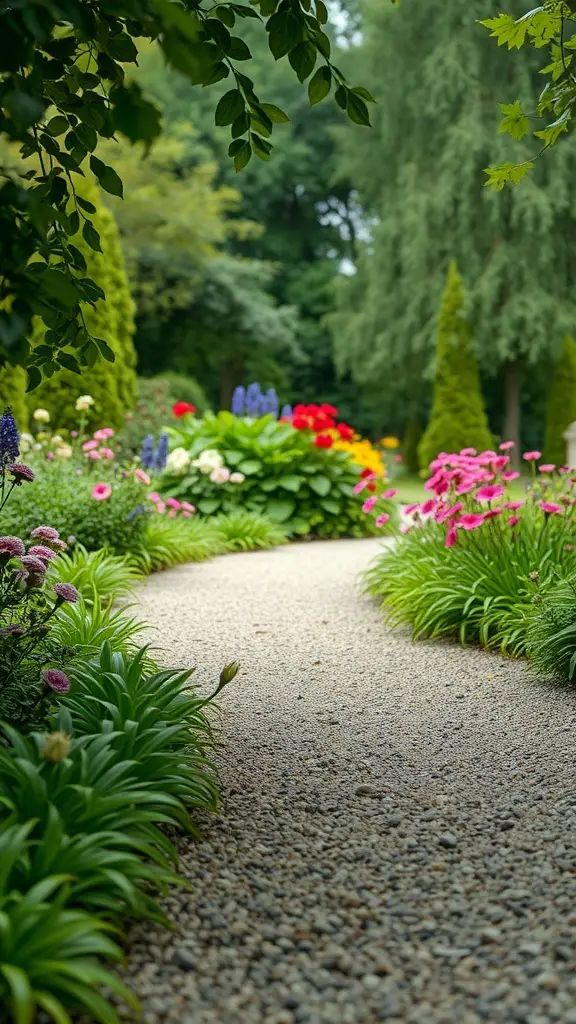 23+ Creative Garden Path Ideas for a Stunning Outdoor Journey 7 A serene gravel pathway surrounded by colorful flowers and greenery.