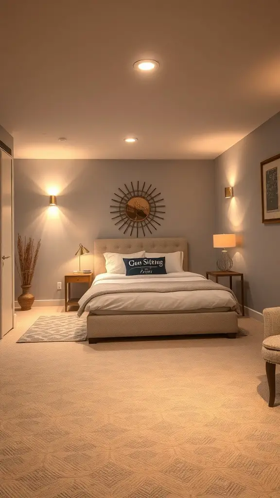 27+ Creative Open Basement Ideas You’ll Love 7 A cozy guest suite in a basement with a bed, nightstand, and warm lighting.