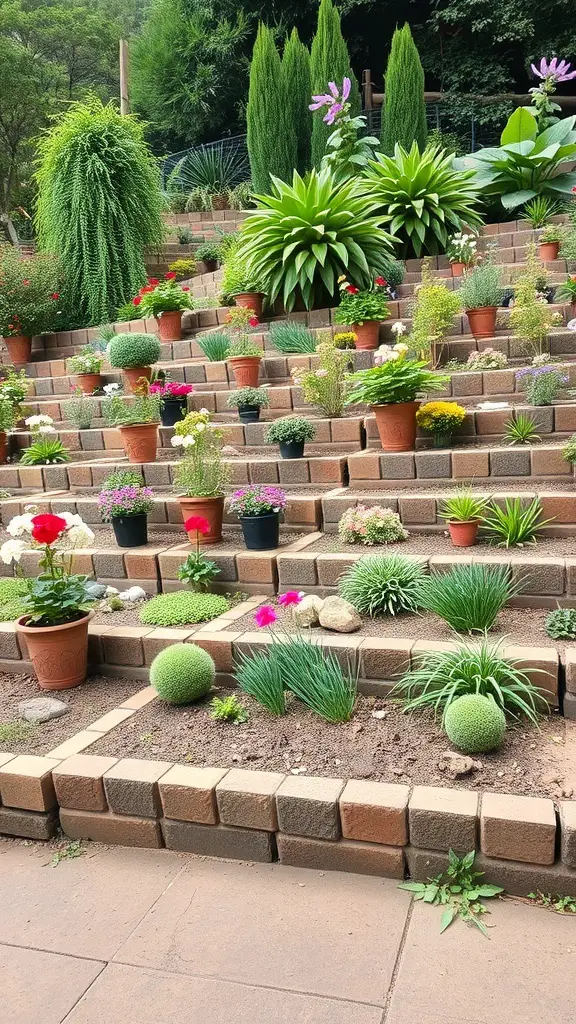 A terraced garden with various plants in pots and on levels, showcasing a vibrant and organized layout.
