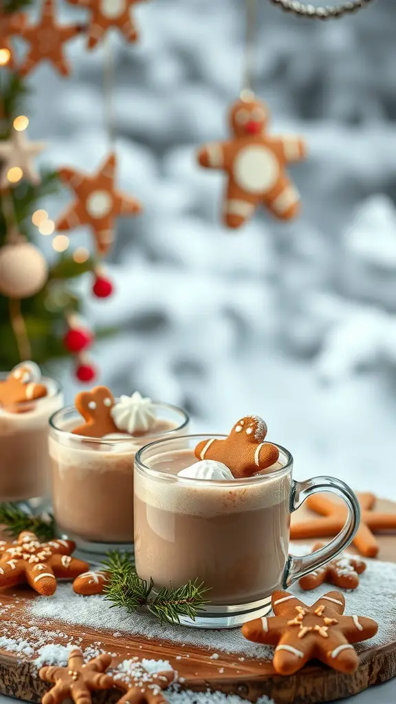 31+ Creative Gingerbread Christmas Decor Ideas You’ll Love 17 A festive gingerbread hot chocolate bar with mugs of hot chocolate topped with gingerbread cookies and whipped cream, surrounded by gingerbread decorations.