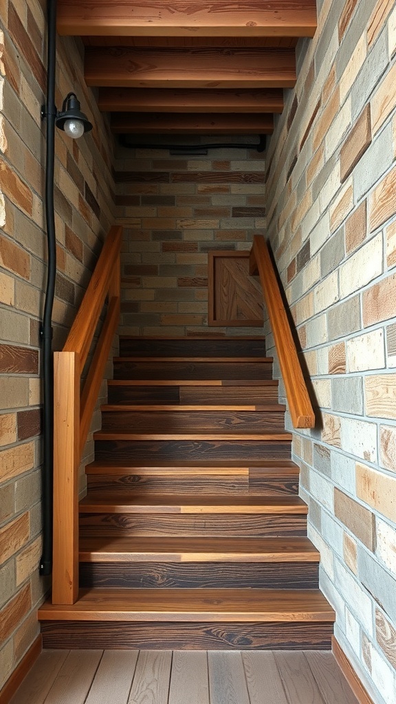 29+ Creative Basement Stairwell Ideas to Transform Your Space 7 A rustic wooden staircase with wooden railings and stone walls