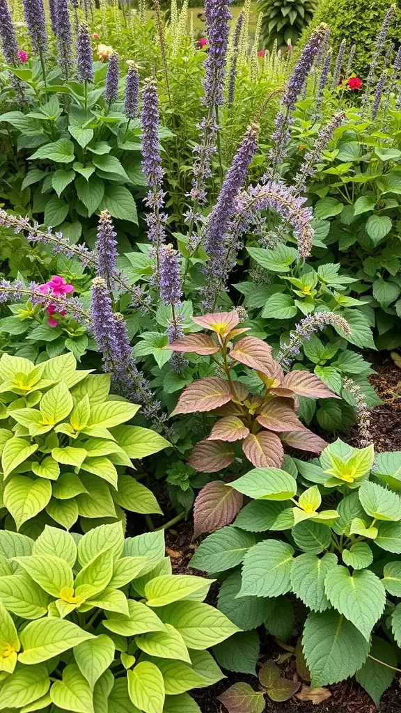 A vibrant garden featuring various perennial edible plants with colorful flowers and lush green foliage.