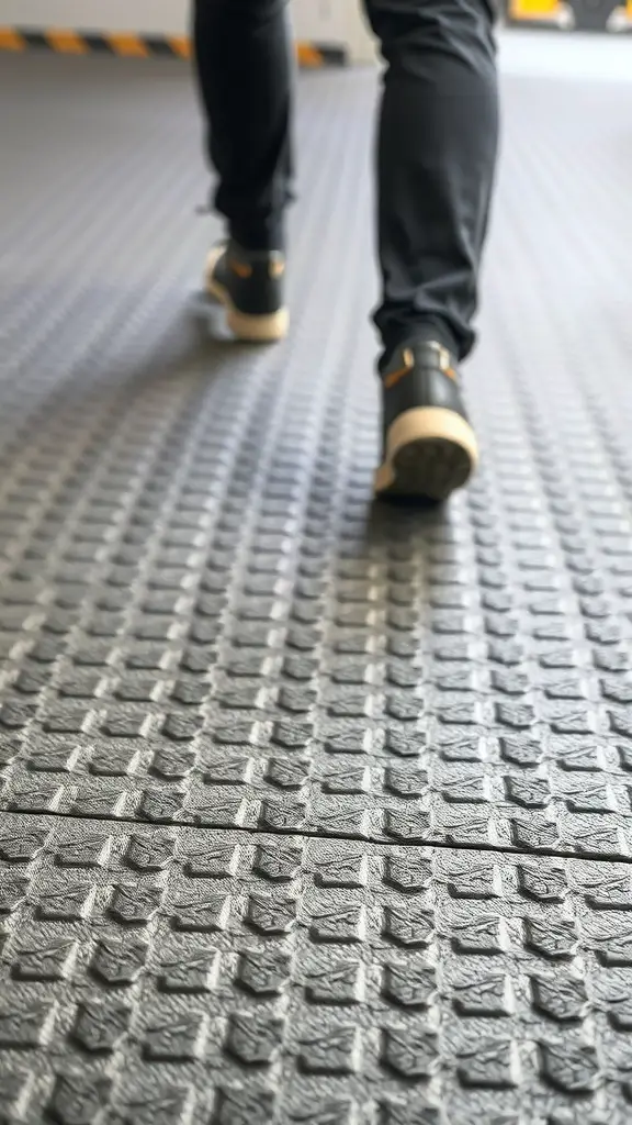 25+ Creative Garage Tile Floor Ideas to Transform Your Space 7 A person walking on textured garage tiles, showcasing slip resistance.