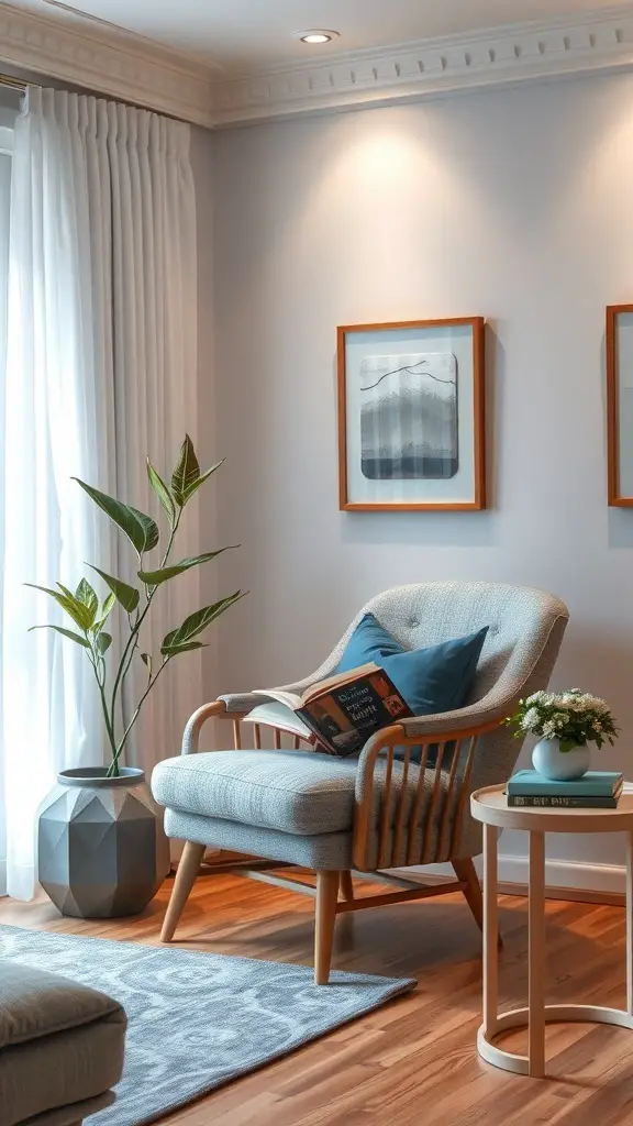 27+ Stunning Ideas for a Neutral and Blue Living Room Decor 15 A cozy reading nook featuring a comfortable chair, a side table with books, and a potted plant.