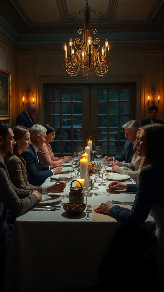 33+ Spooktacular Halloween Party Themes You Need to Try 8 A group of people seated at a dinner table, engaged in a murder mystery dinner setting with candles and elegant decor.