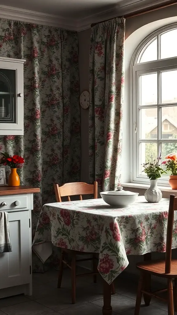 29+ Essential Items for a Cozy Dark Cottagecore Kitchen 9 A cozy kitchen with floral patterned curtains and tablecloth, creating a warm atmosphere.