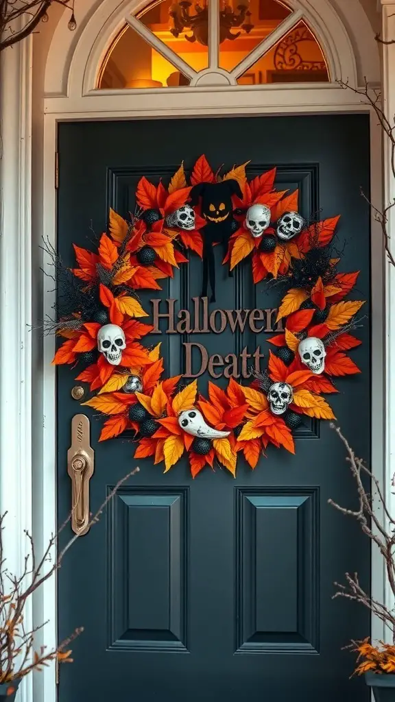 29+ Creative Halloween Porch Ideas to Spookify Your Home 7 A Halloween wreath featuring orange and yellow leaves, skulls, and a pumpkin on a dark door.