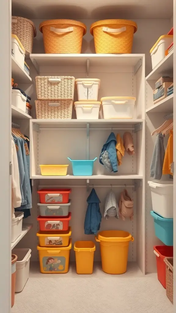 Organized kids closet with colorful bins and neatly arranged clothes on shelves