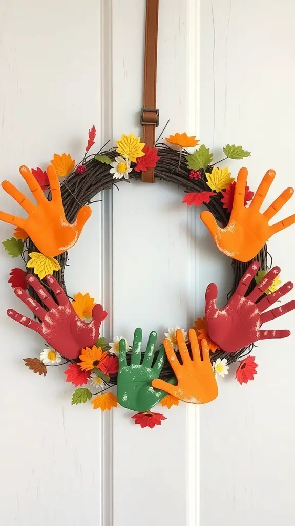 A colorful DIY family handprint wreath with handprints in orange, red, and green, surrounded by autumn leaves and flowers.