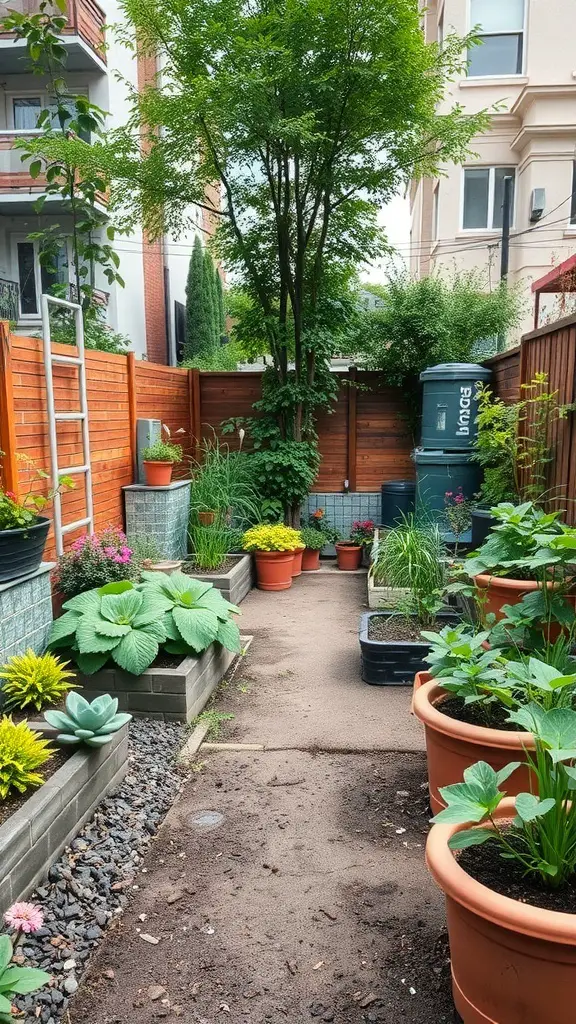 29+ Inspiring Small Urban Garden Design Ideas You’ll Love 12 A small urban garden with various plants in pots and raised beds.