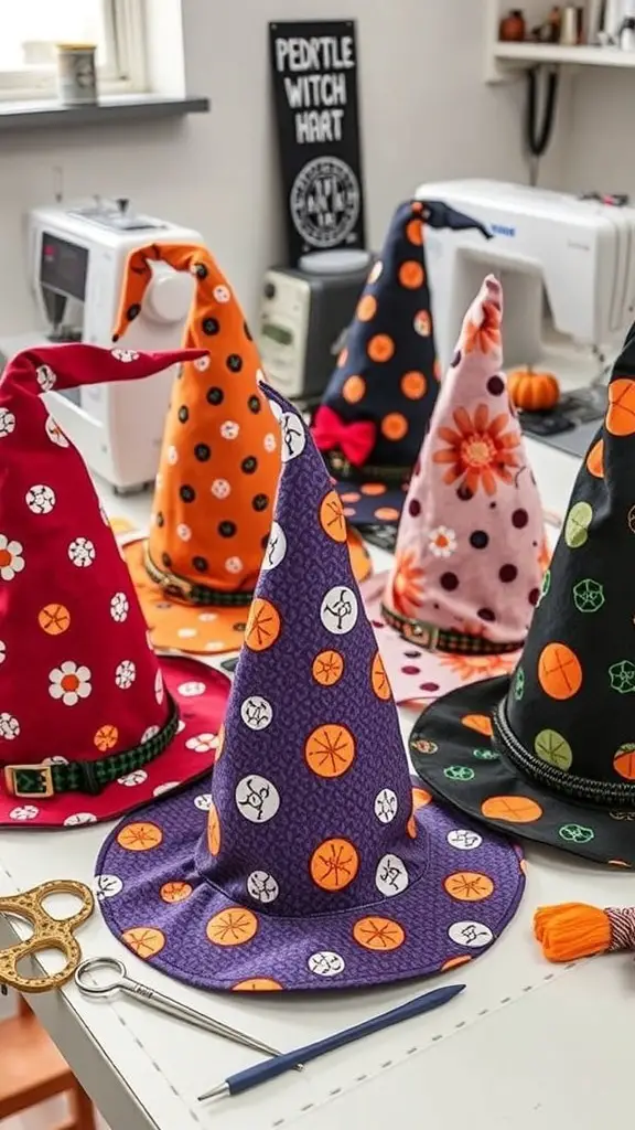 Colorful witch hats with various patterns on a sewing table