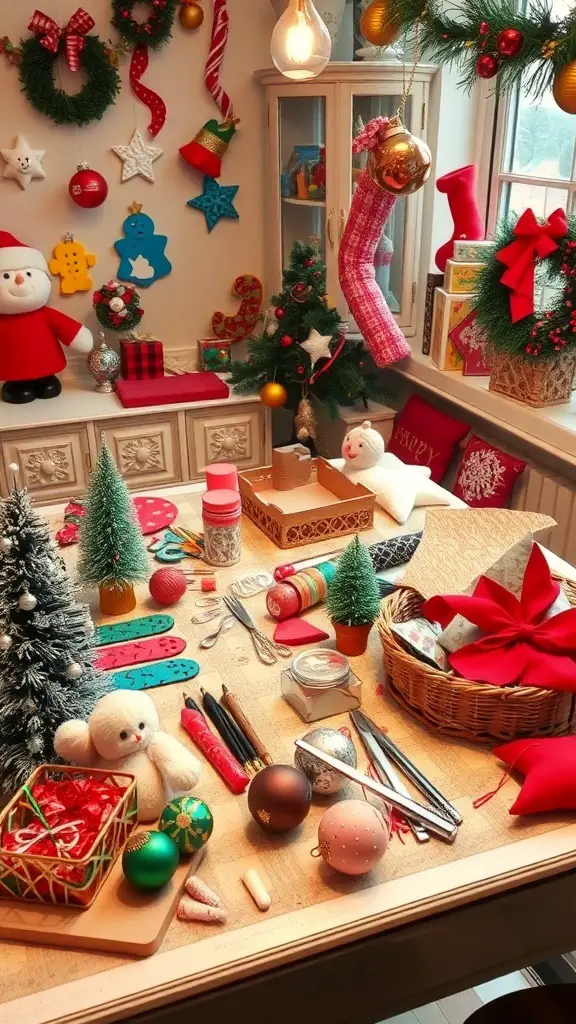 33+ Festive Christmas Party Ideas to Celebrate the Season 8 A festive DIY ornament crafting station filled with supplies like ornaments, paints, and decorations.
