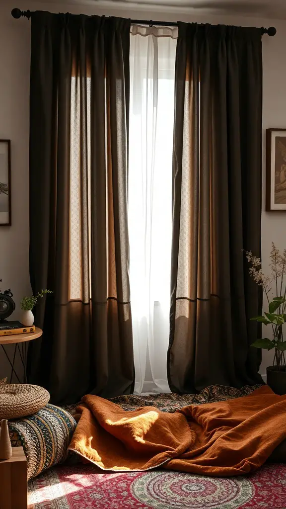 A cozy bedroom with dark curtains framing a window, a colorful rug, and warm textiles.