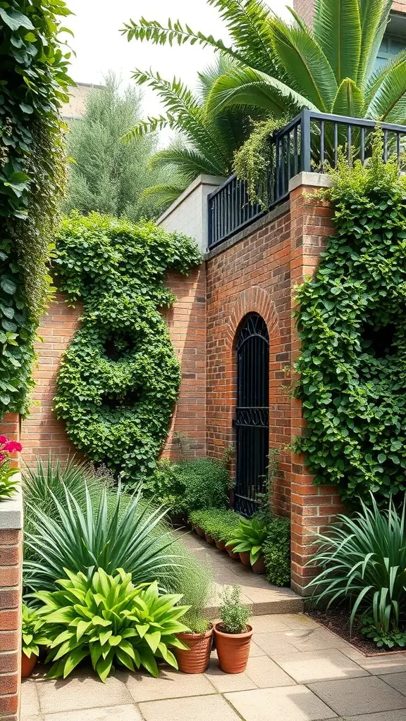 A square backyard with vertical gardening on brick walls, featuring lush green plants and decorative elements.