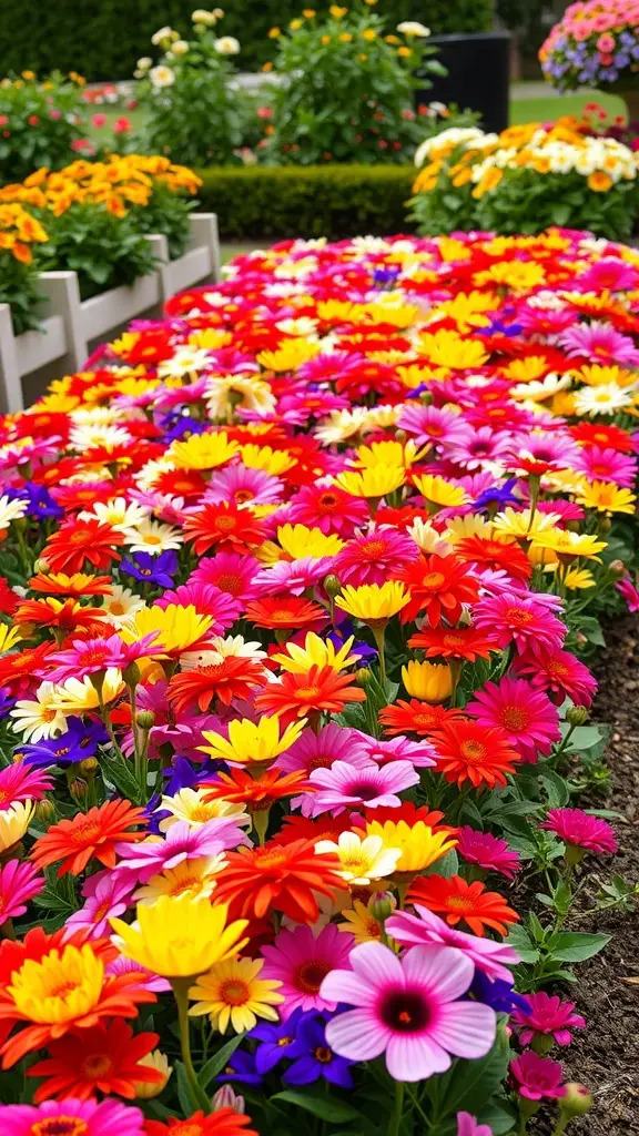 A vibrant flower bed filled with colorful flowers like pink, yellow, and orange daisies.