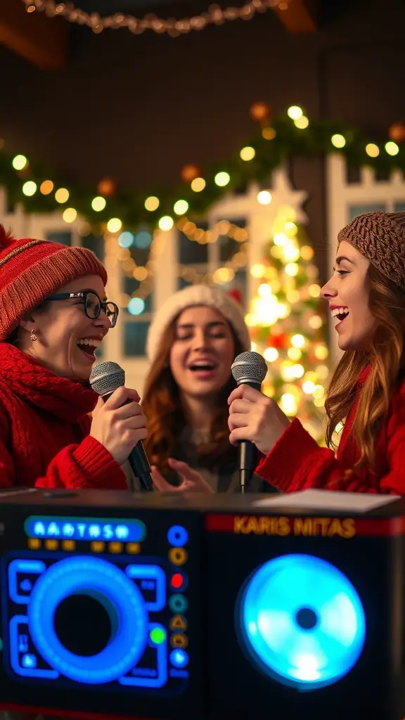 31+ Creative Friendsmas Party Ideas You’ll Love 9 Friends enjoying a Christmas karaoke night with microphones and festive decorations.