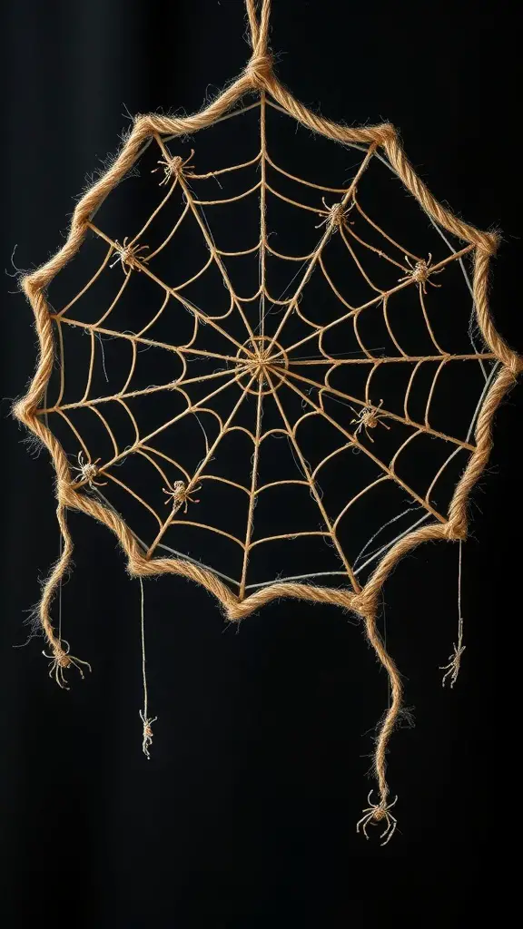 29+ Creative Halloween Craft Ideas to Spookify Your Home 7 A decorative spider web made from rope with small spiders attached, hanging against a dark background.