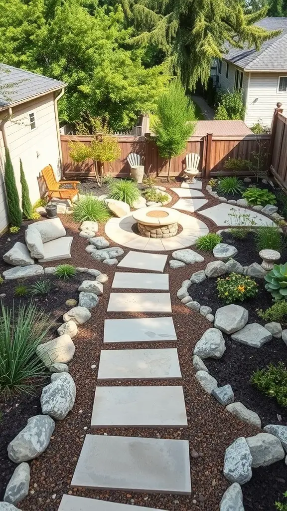 A backyard featuring stone pathways, a fire pit, and various plants in a zeroscaping design.