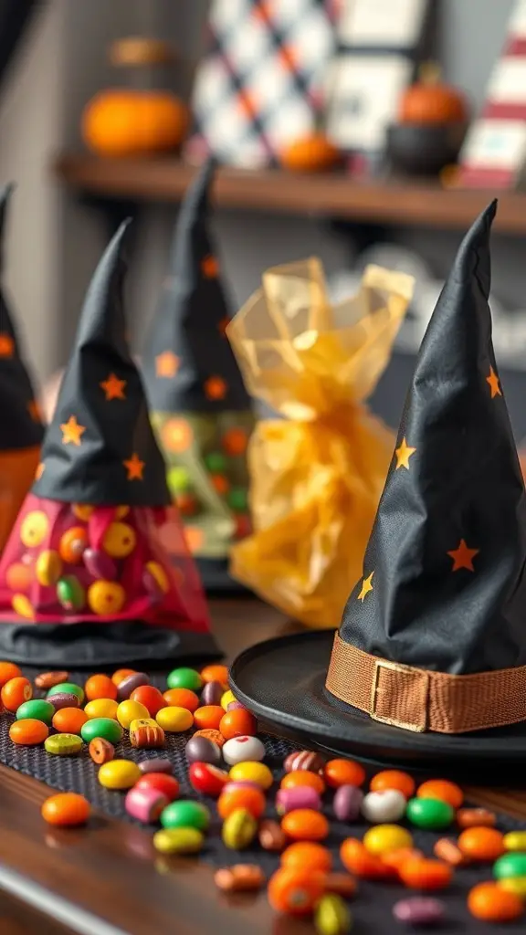 Colorful witch hat treat bags filled with candies on a table