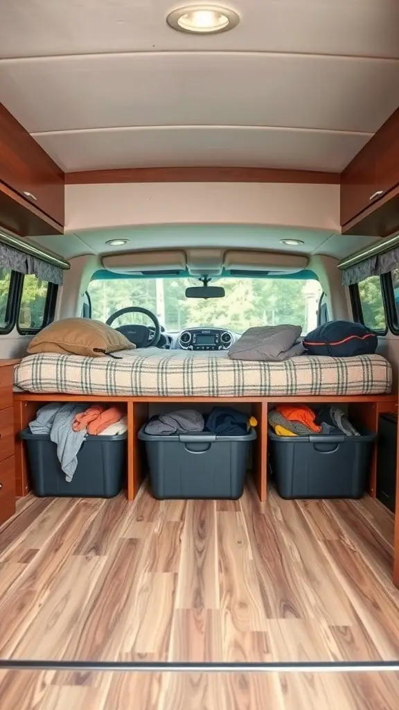33+ Creative Camper Clothes Storage Ideas for Your Next Adventure 12 Interior of a camper showing under-bed storage with bins filled with clothes