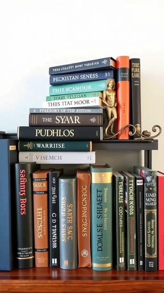 Artistic arrangement of books on a shelf with a decorative statue.