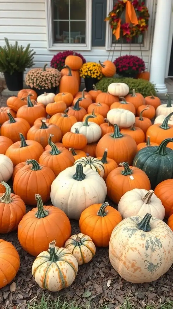 31+ Spooky Halloween House Decorations You Need This Season 7 A vibrant display of various pumpkins in front of a house, surrounded by colorful flowers.