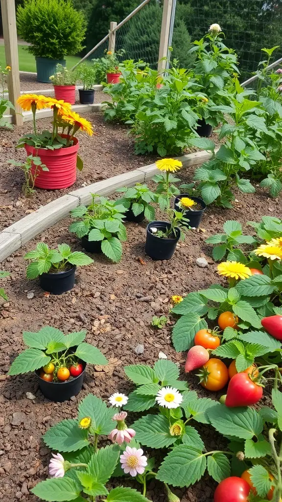 A small sloped garden featuring various edible plants including tomatoes, strawberries, and flowers in pots.