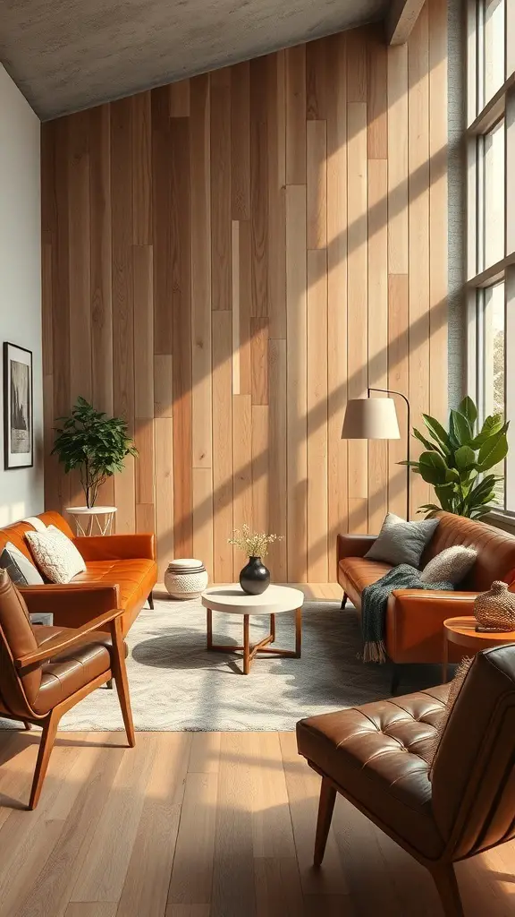 31+ Inspiring Mid Century Decor Ideas for a Stylish Home 14 A cozy mid-century living room featuring wooden walls, leather sofas, and a round coffee table.