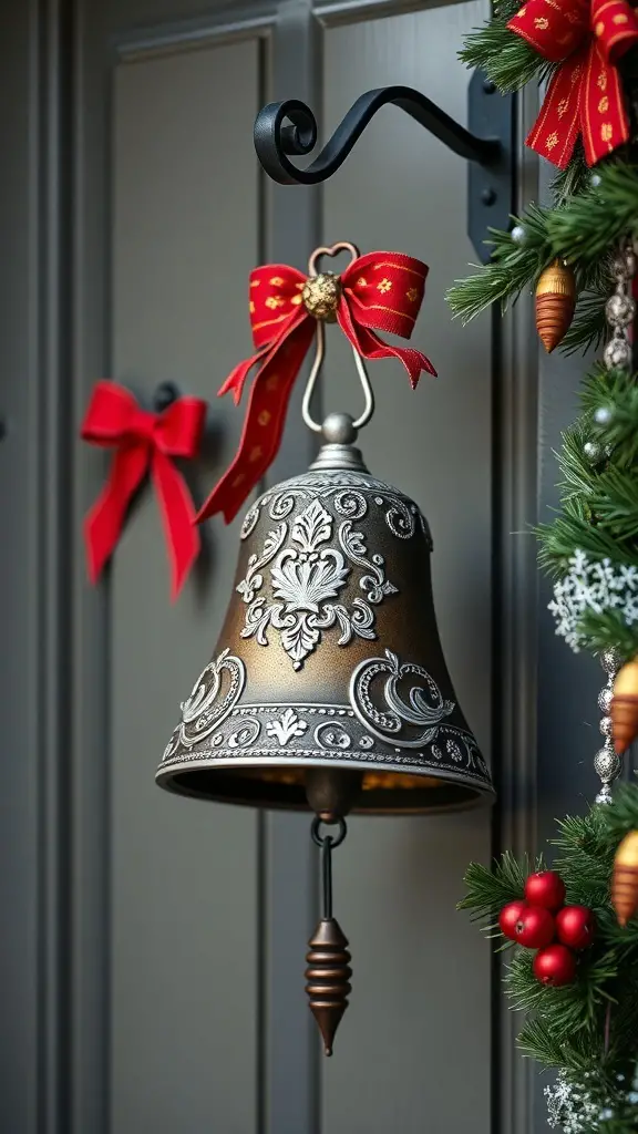 Vintage Christmas bell door hanger with red bows and greenery