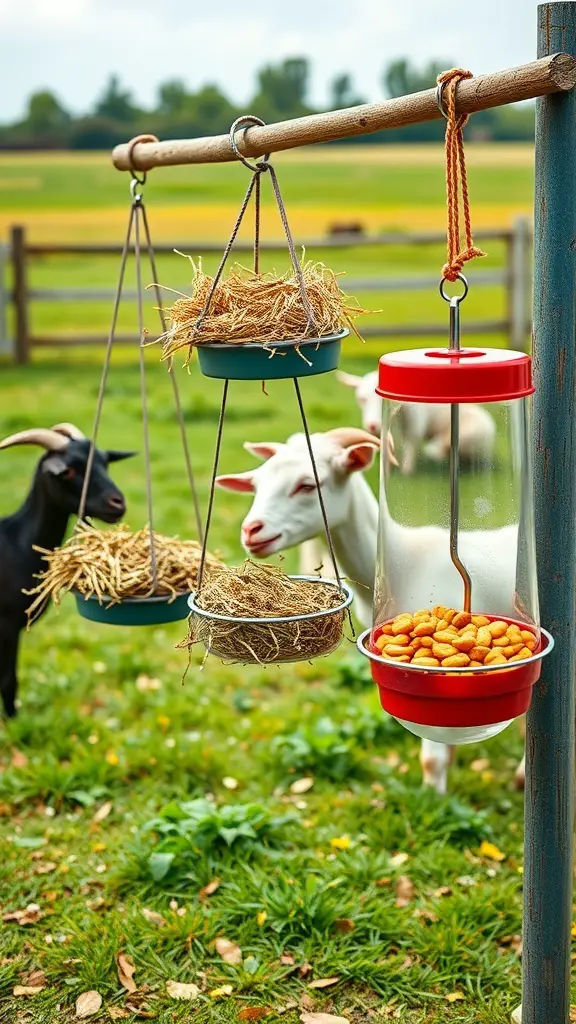 Hanging feeders and treat dispensers for goats in a grassy field
