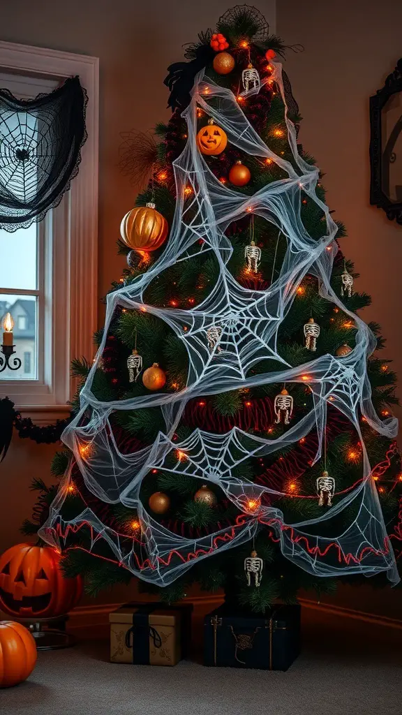 29+ Creative Halloween Christmas Tree Ideas to Spook Up Your Holiday Decor 7 A Halloween-themed Christmas tree decorated with spider webs, pumpkins, and skeletons.