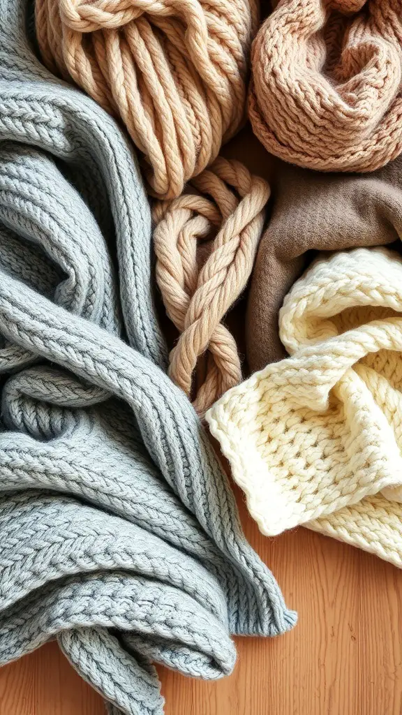 21+ Cozy Fall Mood Board Ideas for the Ultimate Autumn Vibe 14 An assortment of cozy knitted textiles in soft colors, perfect for fall.